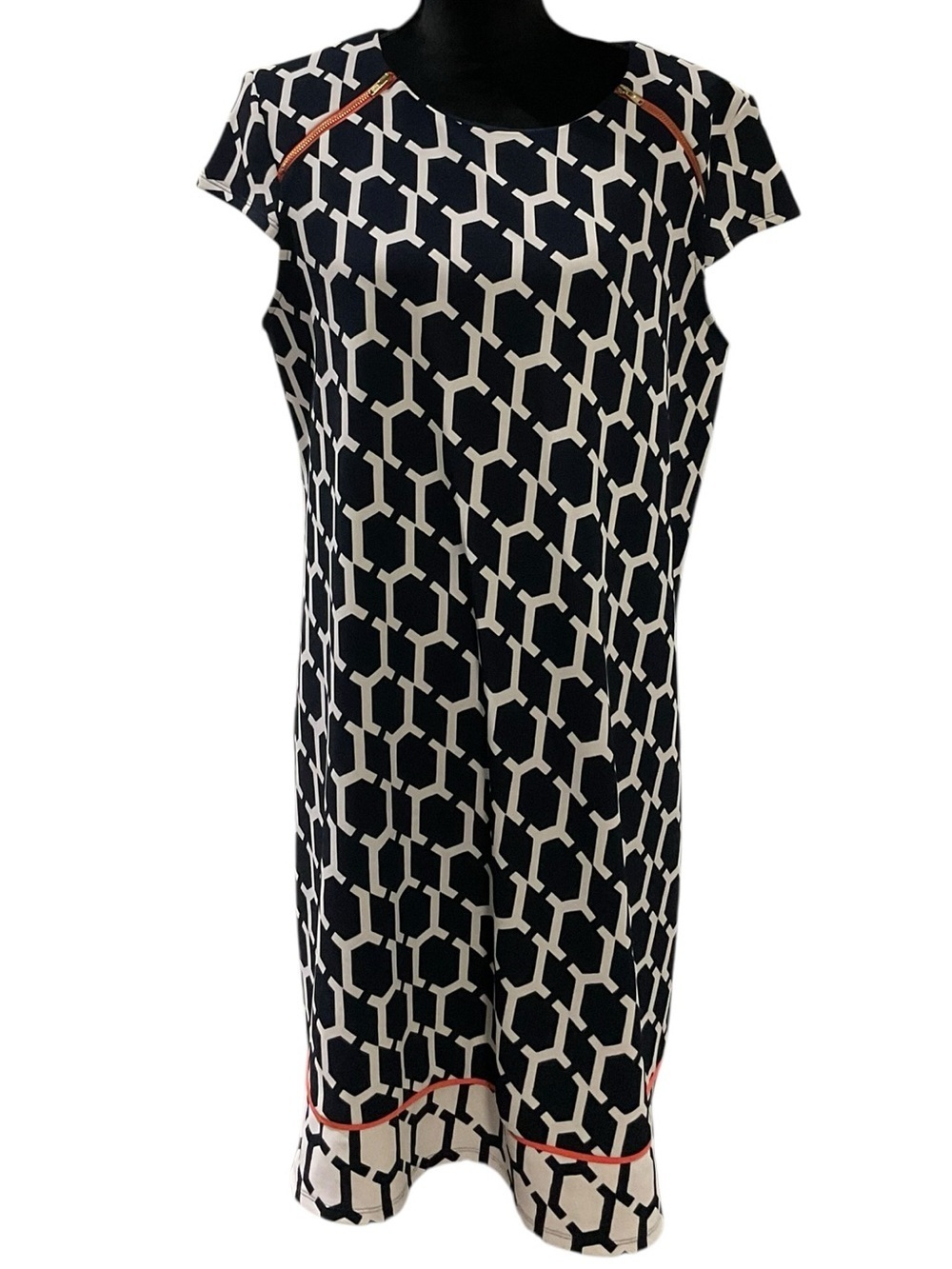 madison leigh Geometric Cap Sleeve Navy and White Shift Dress with Coral Trim 16